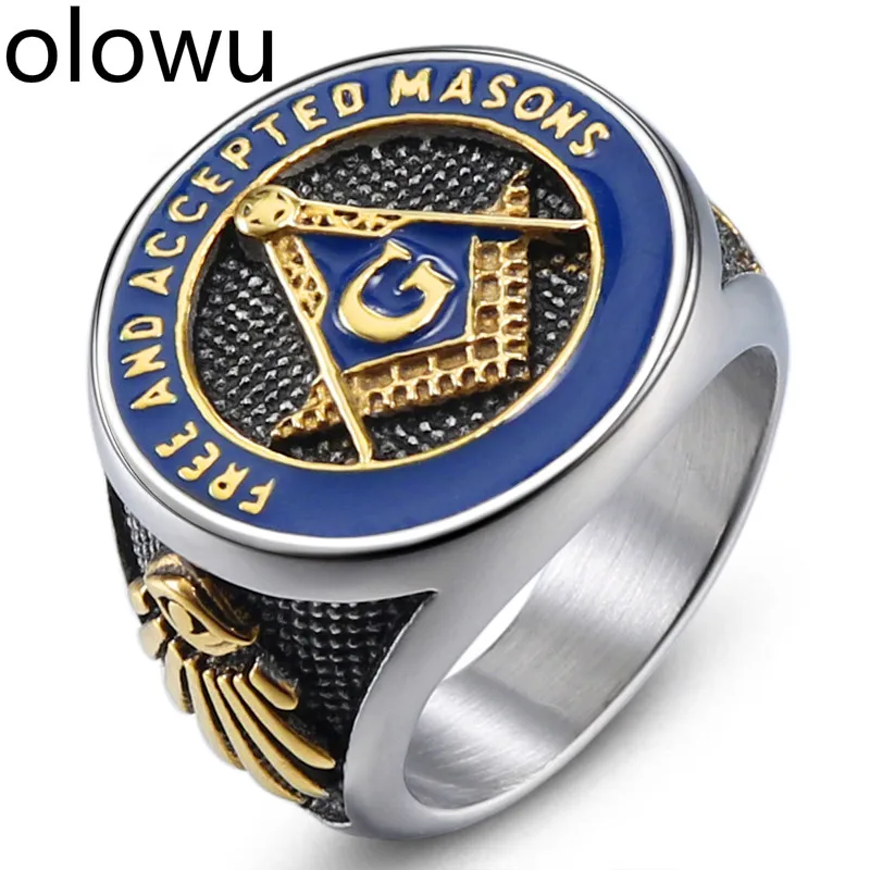 

olowu Antique Masonic Ring For Men Silver Stainless Steel Casting Ring Blue Enamel Master Mason Signet Men's Rings