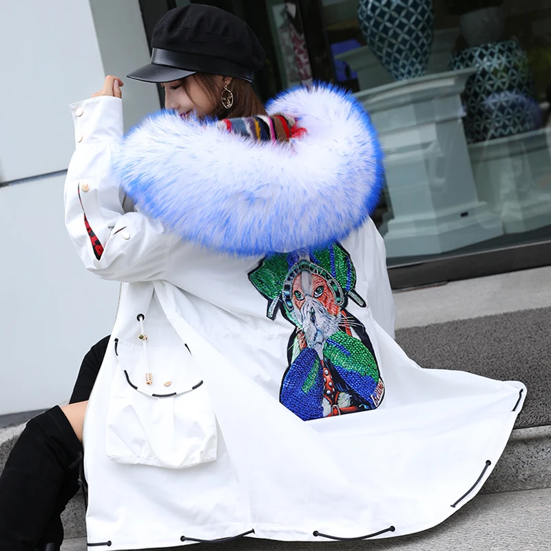 

New Design Back Embroidery Fluffy Jacket 2018 New True Real Mink Fur Detachable Colorful Inner Parka Womens Winter Coats