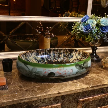 

Chinese Glazed Lotus Oval Europe Style Handmade Countertop Ceramic wash basin Bathroom Basin Bathroom Sink jingdezhen