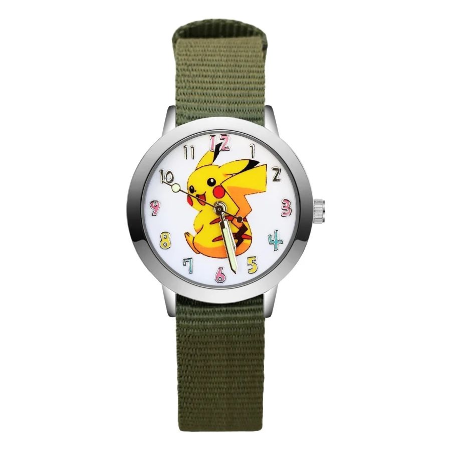 Модные Мультяшные милые детские часы с Пикачу, детские Студенческие Кварцевые наручные часы с нейлоновым ремешком для мальчиков и девочек JA88 - Цвет: Army green