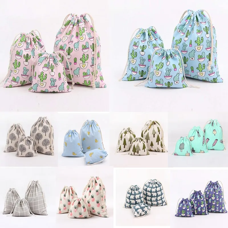 1pcs Cactus Tree Pattern font b Drawstring b font Cotton Linen Storage font b Bag b