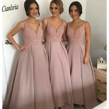 

Luxurious Long A-Line Bridesmaid Dresses V-Neck Spaghetti Straps Beading Wedding Guest Dress For Wedding Party vestido madrinha