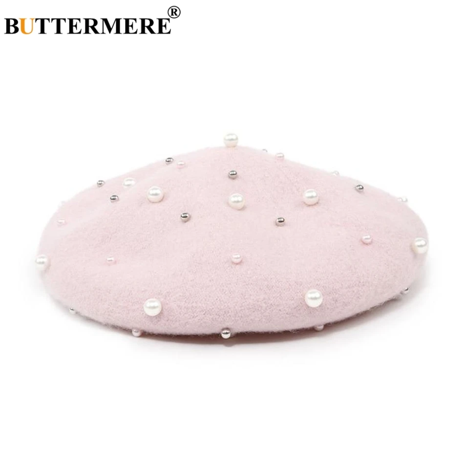 BUTTERMERE розовый шерстяные, с перламутром берет для Для женщин элегантные дамы Французский Берет фетровая шляпа белый шерсть Берет Женская