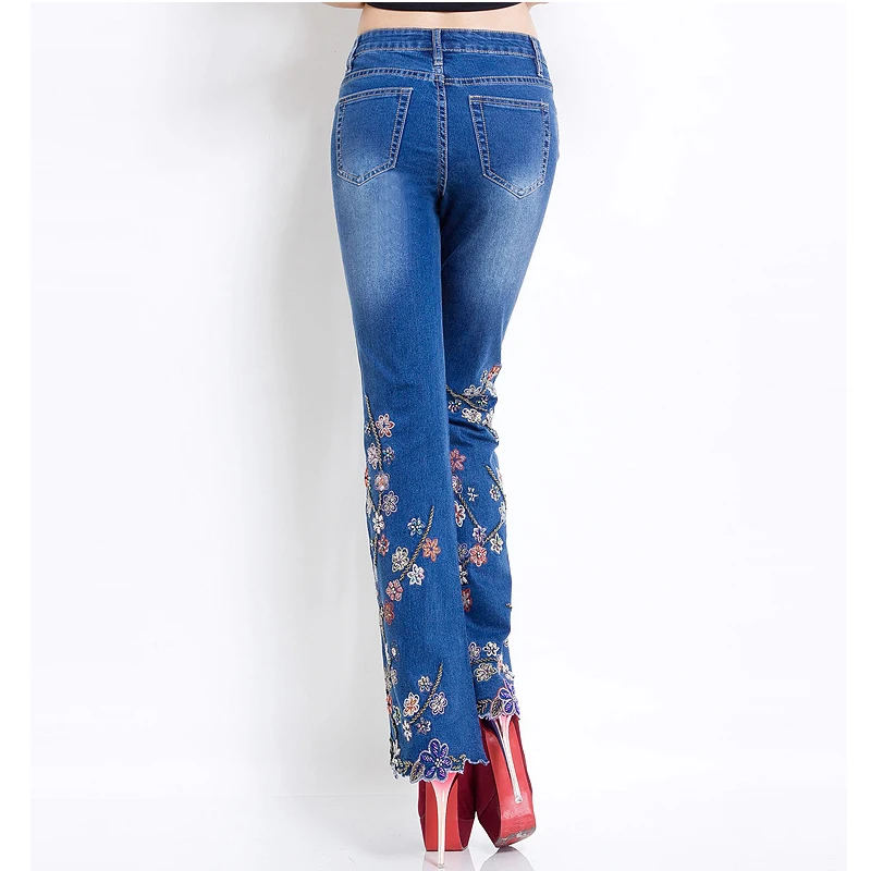 FERZIGE Jeans Women Brand 2018 Manual Beading Embroidered Flared Fashion Designer Stretch Hand Beads Female Pants Large Size 36 Jeans