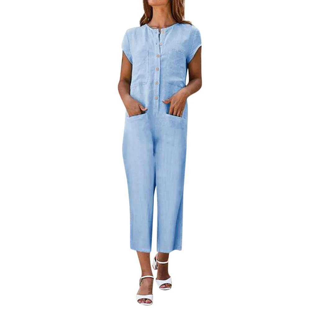 

Women Jumpsuit V-Neckline Solid Romper Short Sleeve Casual Pockets Button Jumpsuits strapless Solid Loose Party Summer Overalls