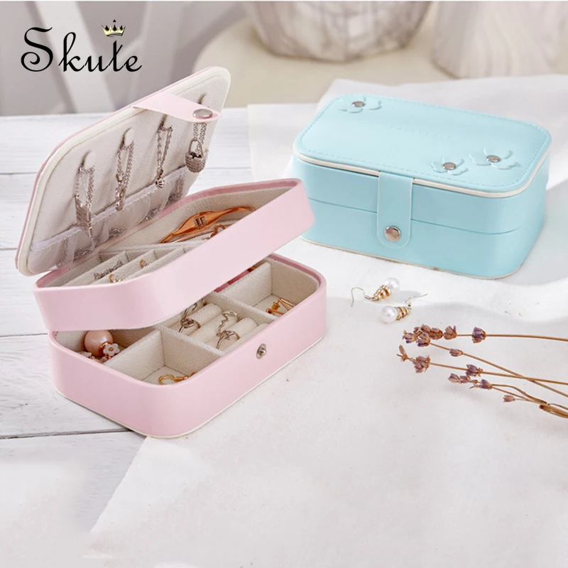 

Portable Women Jewelry Box Storage Organizer Girls Travel 2-Layer Rectangle Earrings Ring Necklace Carrying Case Gift Boxes