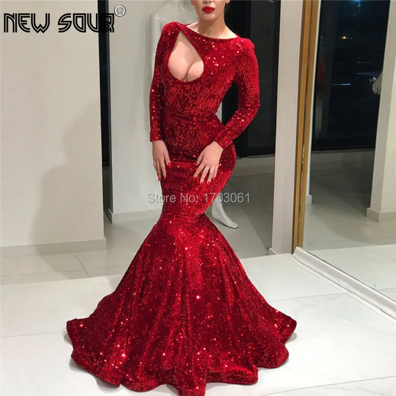 Rosso-scuro-Sequins-Della-Sirena-Abiti-Da-Sera-Slash-Neck-Maniche-Lunghe-di-Lunghezza-Del-Pavimento