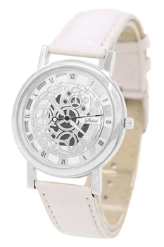 

YCYS!(White Strap & Silver Dial) Men's Faux Leather Band Wrist Skeleton Watch