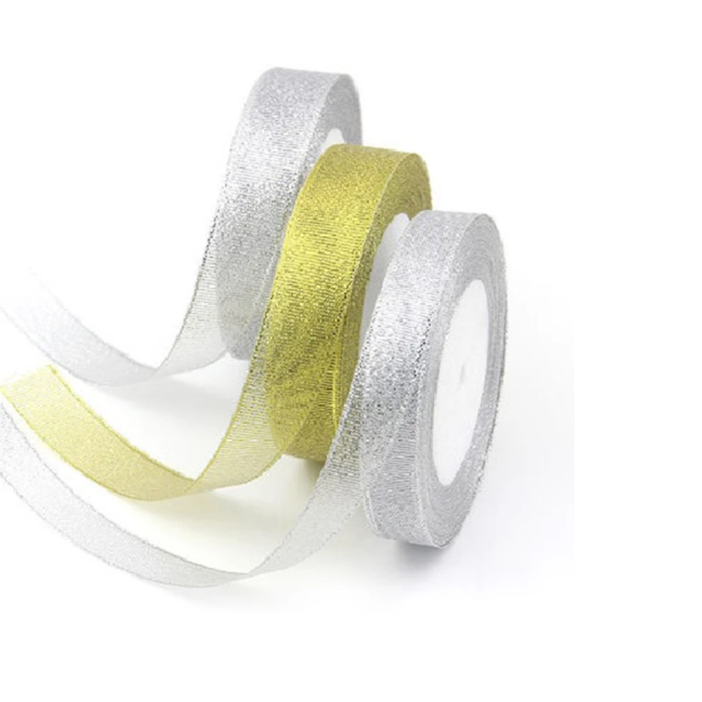 

1PCS New 25 Yard Organza Glitter Ribbons For Wedding Craft bow Decorations Gold Sliver Color 6mm 10mm 20mm 40mm Width