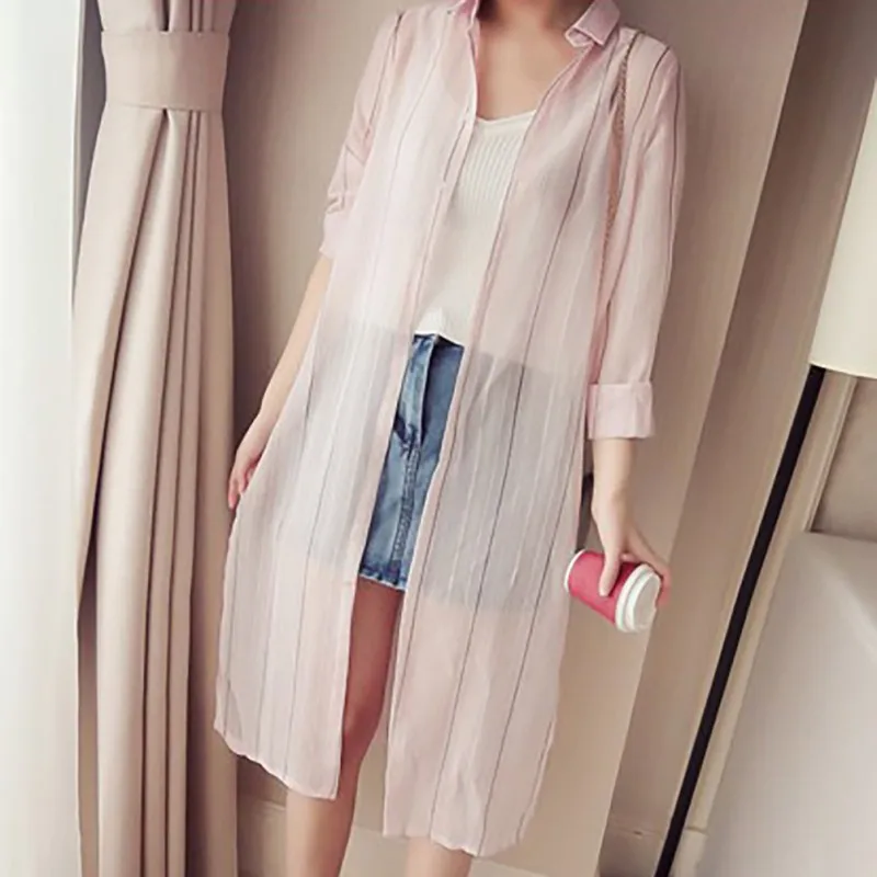 

2019 Summer Sunscreen Women Chiffon Blouse Fashion Striped Casual Loose Long Women Blouses Kimono Cardigan Female Clothes