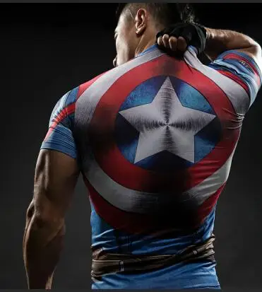

New comic-book superhero compression T-shirt captain America iron man tight G ym fitness T-shirt