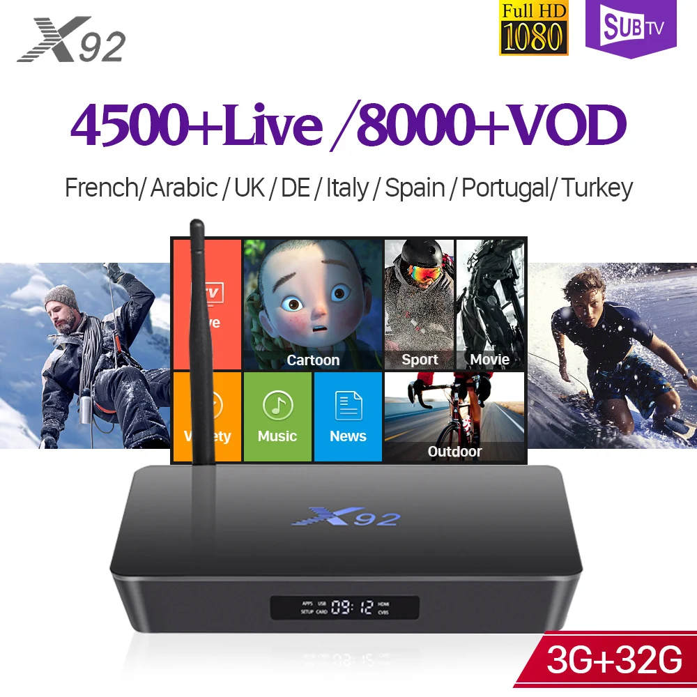 

X92 Android 7.1 3GB 32GB IPTV Box SUBTV Subscription 4500 Channels HD Stable Europe Portugal Canada Italia Arabic French TV Box