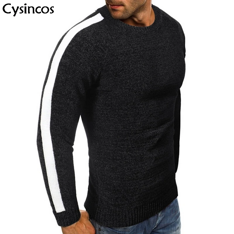 

Cysincos 2019 Autumn New Men Fashion Crew Collar Sweater Soft Slim Pullover Knitted Tops Male Casual Sides Striped Sweater