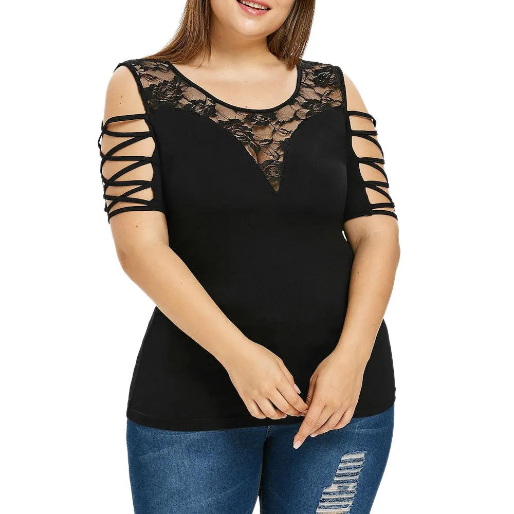 

Summer New Style Fashion Womens Plus Size Criss Cross Strapless O-Neck T-shirt Tops Lace Crochet Tops Modis Blusas Femininas