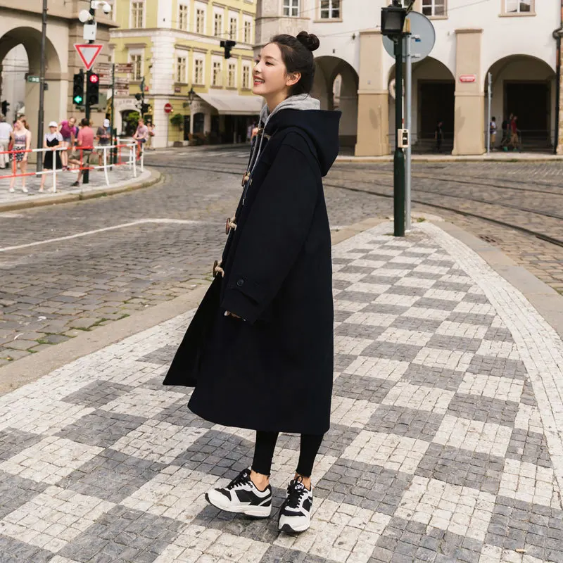 

England Style Loose Womens Long Coats 2018 Winter Solid Pockets Wool Blend Coat and Jacket Horn Buckle Hooded Ladies Coats