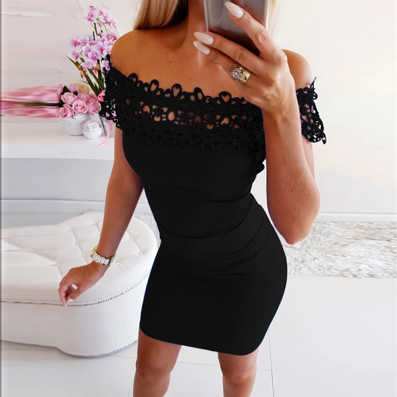 Women Summer Party Dress 2019 Sexy Off Shoulder Bodycon Mini Dress Ladies Casual Lace Patchwork Slash Short Dress Casual Vestido