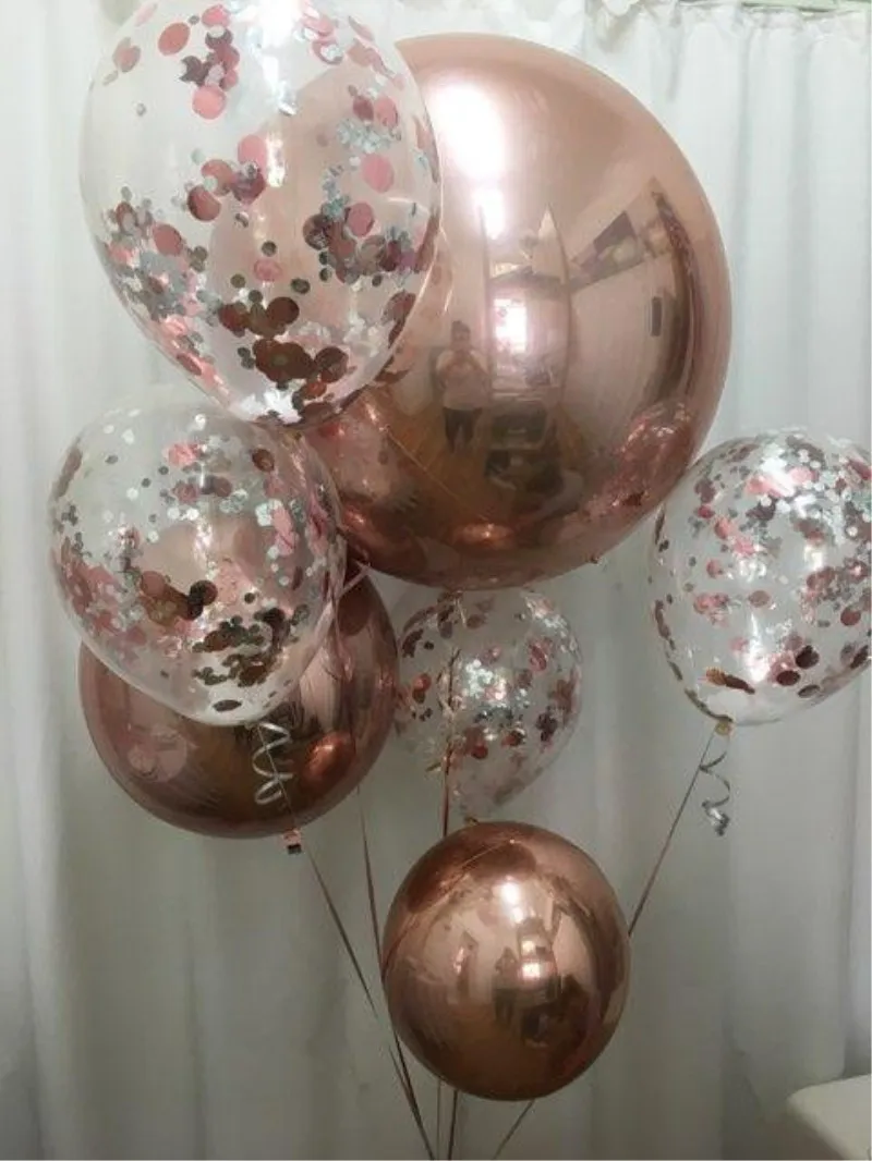 

6pcs/lot = Rose Gold 3pcs 18inch 4D Round Balloon+3pcs 12inch Confetti Balloon latex Balloon for Wedding & Engagement Decoration