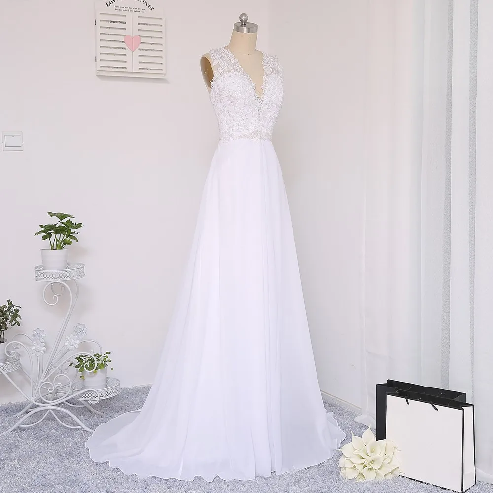 Vintage A-Line Deep V-Neck Beaded Lace Beach Wedding Dress in Wedding dresses