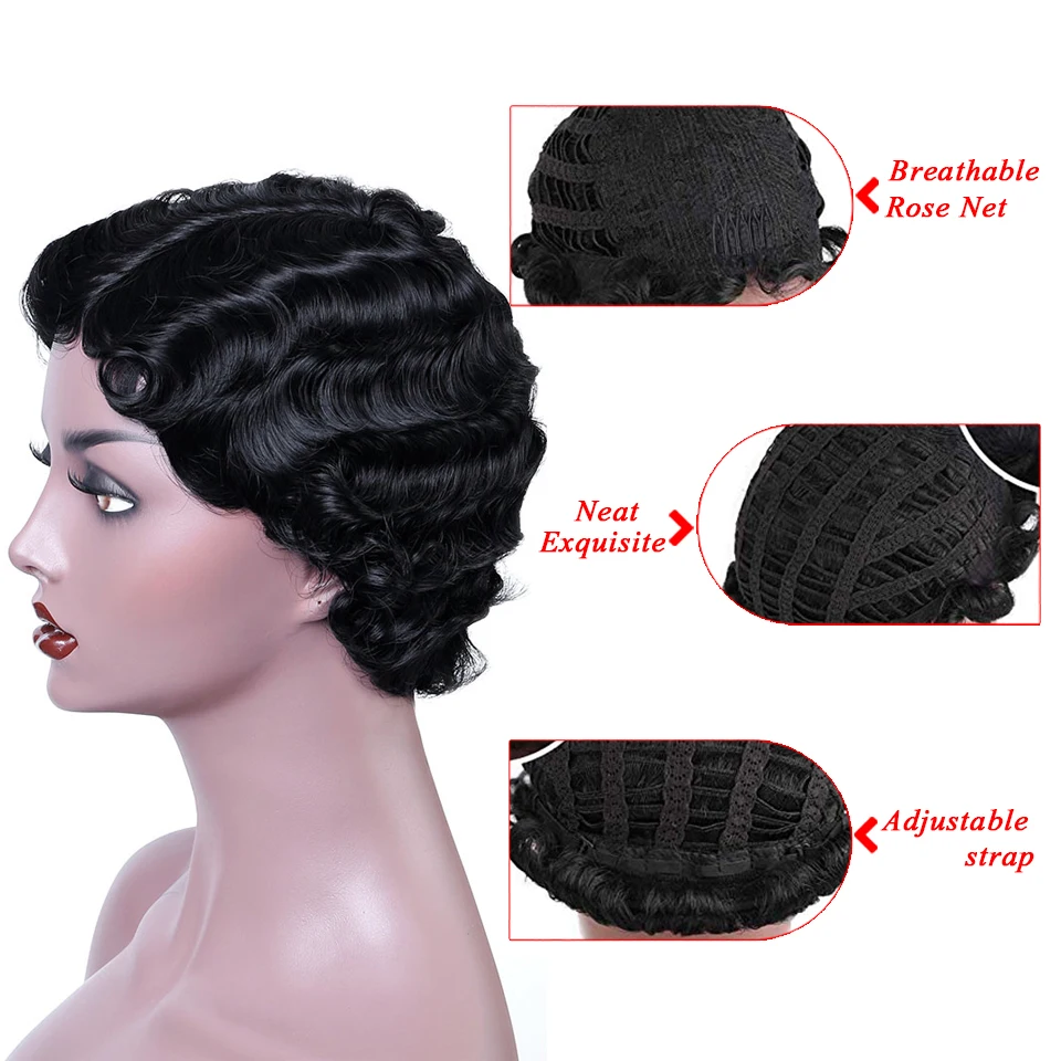 Black Short Pixie Cut Wigs Synthetic Finger Wave