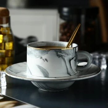 

200ML Marble Texture Coffee Cup with Hat Saucer Kit Ceramic Gold Plated Cups Fruit Juice Milk Mug Drinkware for Birthday Gifts