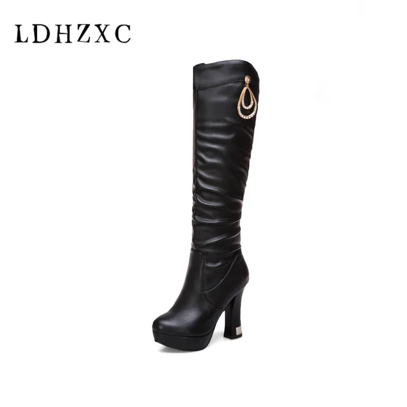 

LDHZXC Women knee high Boots 2018 new Elegant Platform Square High Heel Winter Shoes Women Motorcycle Boots plus size 11 12 9