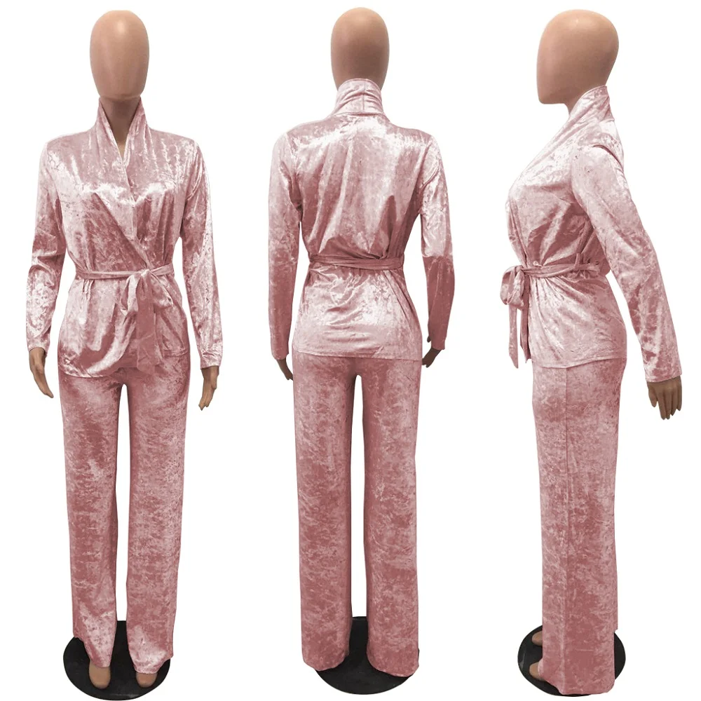 

two piece set women friend fashion Leisure drawstring v-neck coat Wide leg pants holographic elastic waist polyester women set