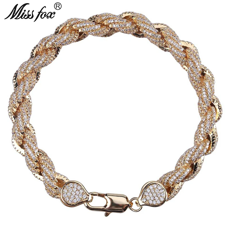 

MISSFOX Hip-Hop 8mm Complicated Process Twist Shape Chain Full CZ Diamond Personalized Native American Men Bracelets Bangles