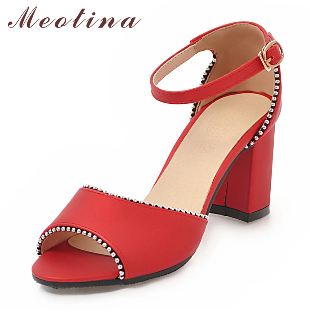 

Meotina Summer Sandals Shoes Women Fashion Thick High Heel Party Sandals Buckle Ankle Strap Shoes Female Red Blue Plus Size 3-12