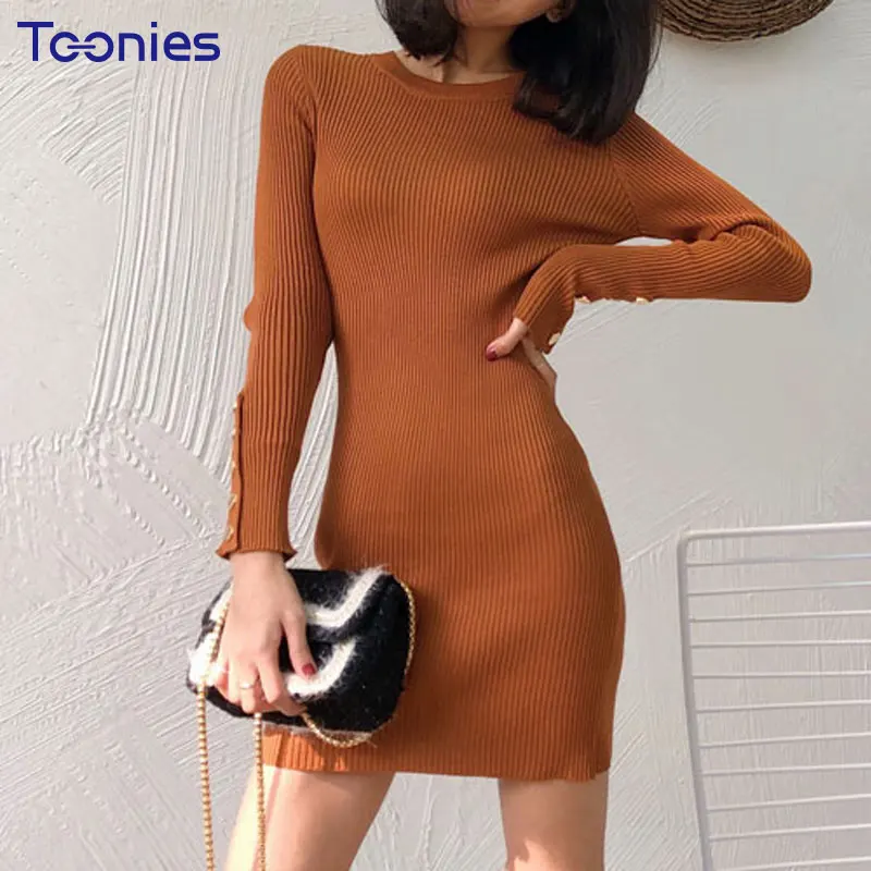 

2018 New Style High Street Women Dress Sexy Knitted Package Hip Dresses Long Sleeved Buttons Mini Party Solid Vestidos Femme