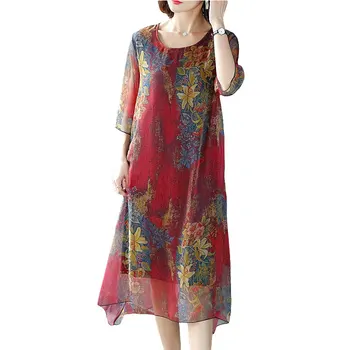 

Summer Silk Dress Short Sleeve 2020 Women Casual Plus size Dress Long Sundress Fashion Print flower dresses Female vestidos 283
