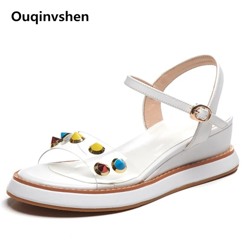 

Ouqinvshen Rivet Clear Heels Mixed Colors White Peep Toe Summer Sandals Woman Buckle Strap Wedges Sandals Women Casual Fashion
