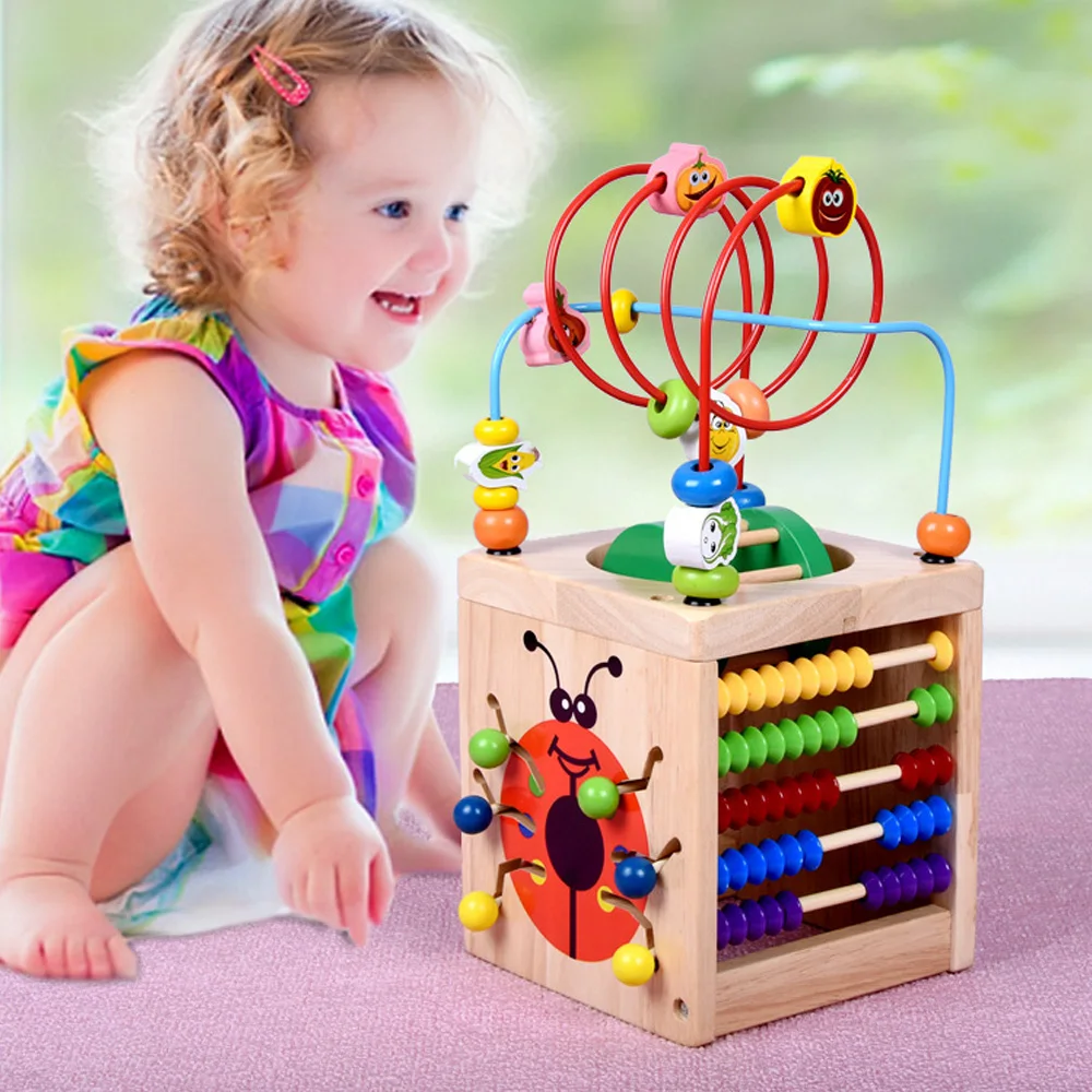 

Baby Toys 6 in 1 Multi-function Wooden Around Bead Maze Shape Color Recognition Math Clock Chess Gear Cube Educational Toys