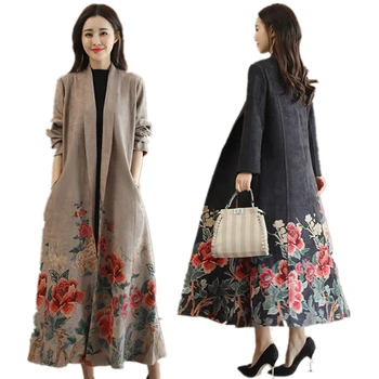 

Trench Coat For Women 2020 Spring Autumn Casual Long Sleeve Suede Long Coat Female Slim Floral Print Windbreaker Casaco Feminino