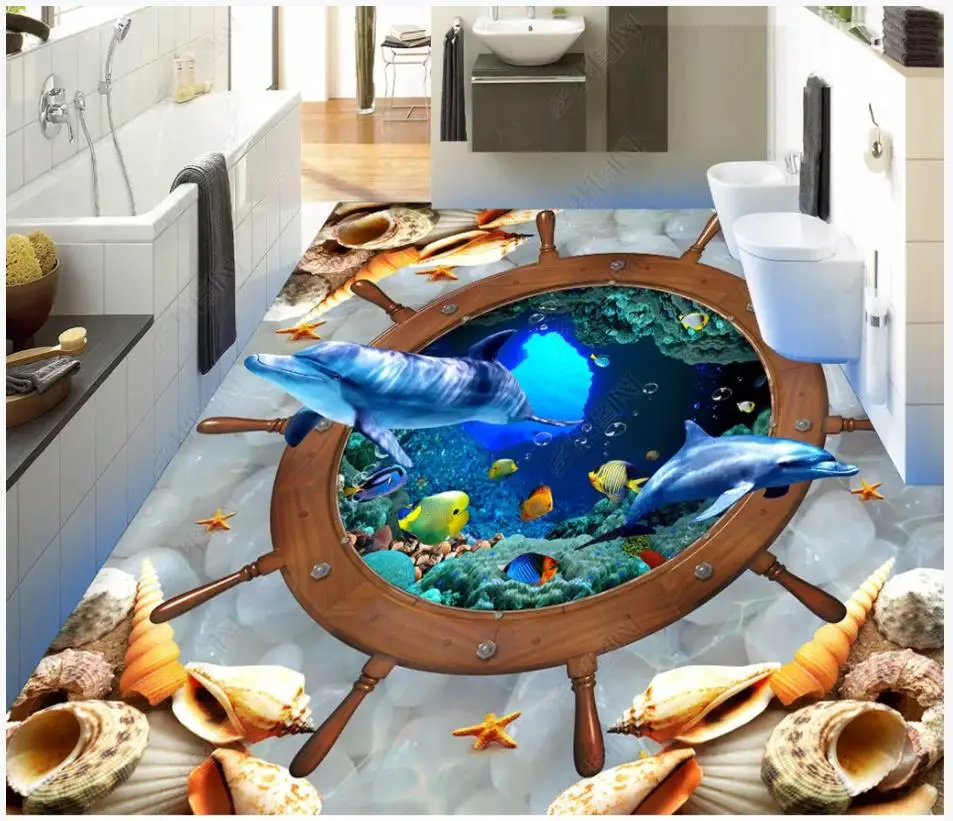 

Custom photo wallpaper 3d Flooring painting wallpaper Underwater World Dolphin Living Room mural 3D Flooring Stickers wall paper