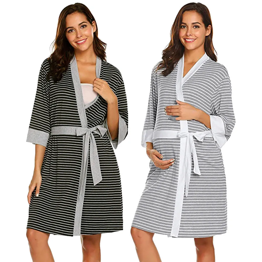 

Women's Ladies Hot Sale Maternity Nursing Stripe Robe Delivery Nightgowns Hospital Breastfeeding Gown MAR12