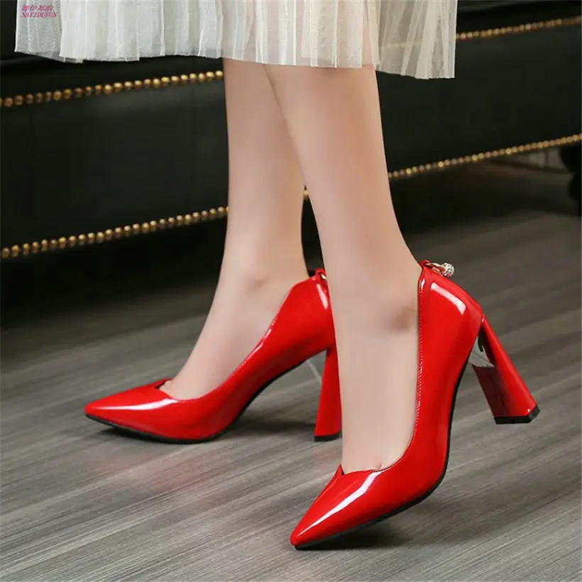 

NAYIDUYUN New Slip On Shoes Womens Patent Leather High Heel Wedding Party Pumps Pointed Toe Office Ankle Boots Casual Shoes