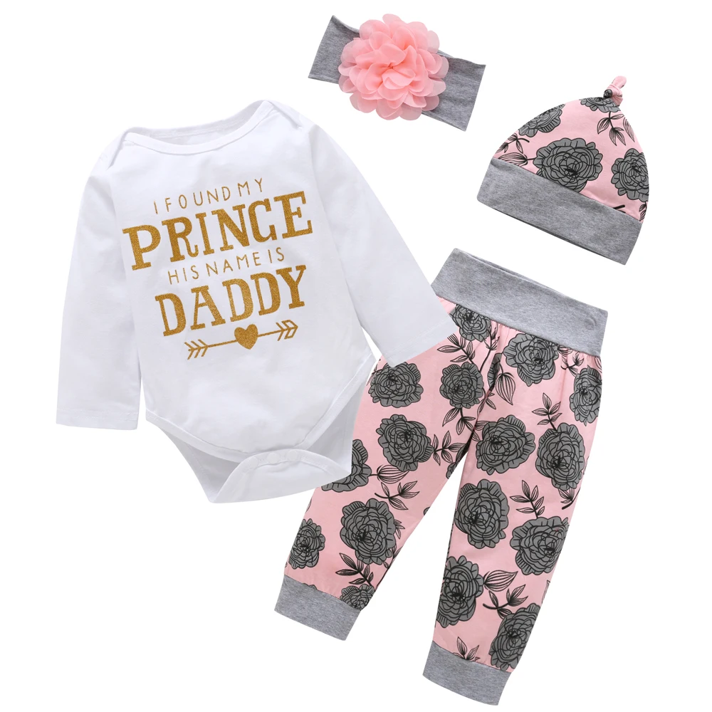 4PCS Newborn Baby Girls Clothes Long Sleeve Tops Pants Headband Hat