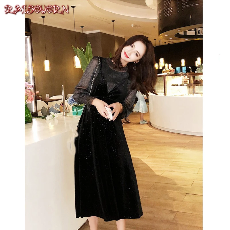 

RAISEVERN Spring Black Mesh Dress 2 Pieces Set Womens Spaghetti Strap Dress Women T Shirt Elegant Party Evening Sheath Vestidos