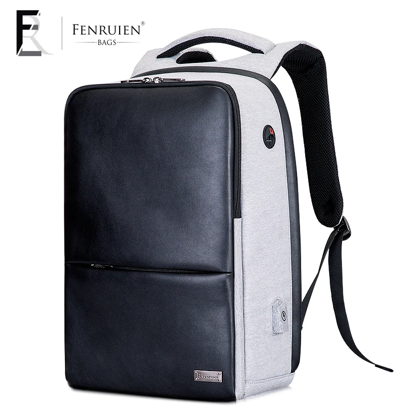 

FRN 2018 Business Commute Backpack Male PU Leather Waterproof Laptop Backpack Fashion Travel USb Charging Double Zipper Daypack