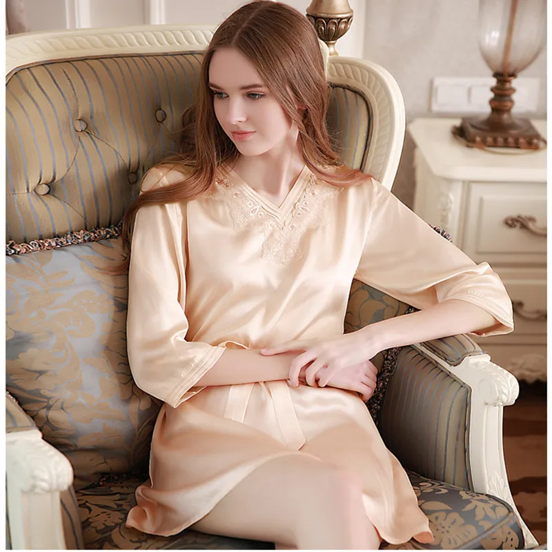Чистый Шелк Пижамы Шелк Тутового Вышивка Ночная Рубашка M/L/XL