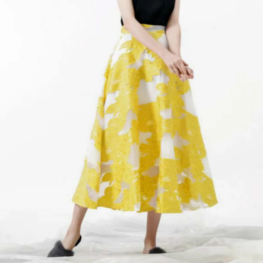

New Arrival Women's Skirts Maxi Long Embroidery Mesh Patchwork 50S 2018 Designer High Quality Female A-line Skirt Blue Yellow