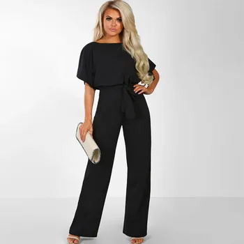 

2019spring Summer Women Jumpsuit Short Sleeve Button Straight Loose Pant Overall Loose Casual Elegant Belted Solid Plus Size 3XL