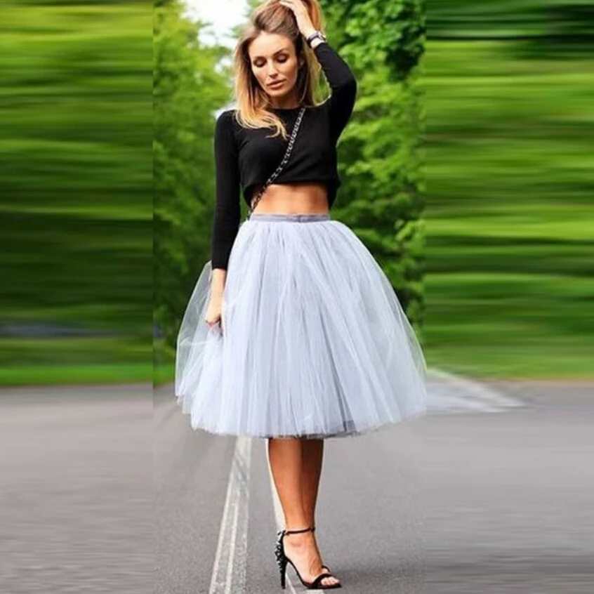 New Arrive Cheap Girl Tulle Skirt Casual Knee Length Solid Natural