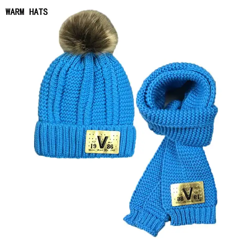 

Boys Baby Hat Scarf Set Girl For Kids Knit Fur Beanie Cap And Scarves Warm Winter Wear 2 PCS Suit V Design Hat Accessories 2018