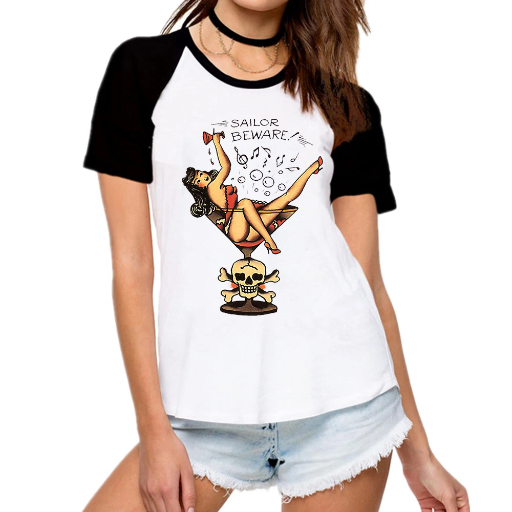 SAILOR JERRY TATTOO VINTAGE RETRO Beware Skull Wine Design Printed T ...