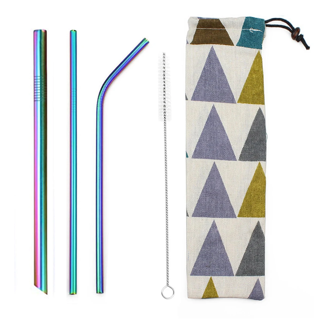 5pcs Reusable 304 Stainless Steel Rainbow Straw Metal Smoothies Drinking Straight Straws Silicone Cover with Brush Bag Wholesale