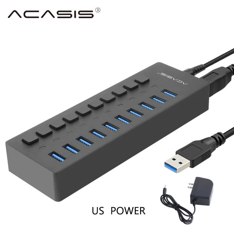 Acasis usb-хаб 3,0 10 портов супер скорость 5 Гбит/с Портативный USB 3,0 концентратор разветвитель с внешним адаптером питания ПК для аксессуаров