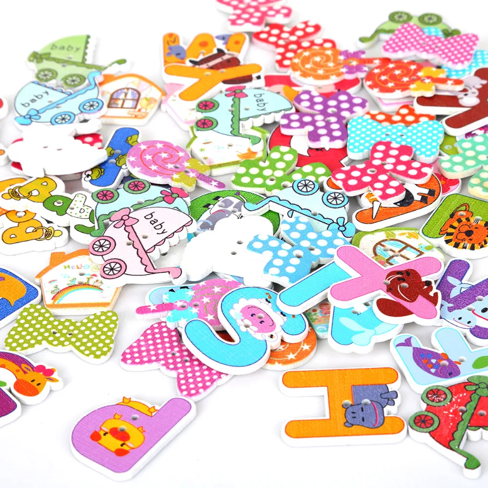 

50Pcs/lot Wooden Sewing Buttons Scrapbooking Multi Shapes Random Mixed Two Holes For DIY Home Decor DIY Cloth Accessories