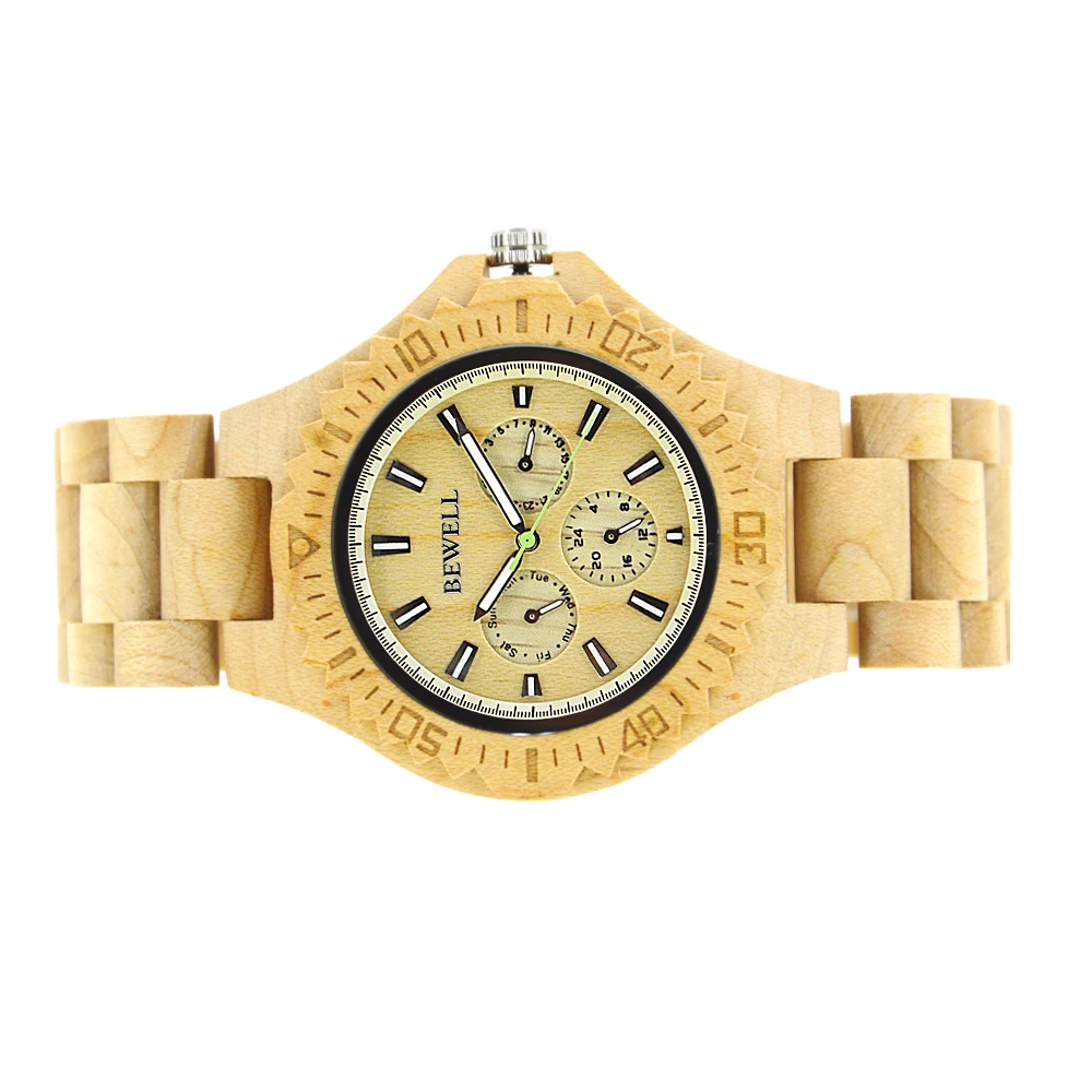 BEWELL Hot Sell Men Dress Watch Quartz Mens Wooden Watch Wood Wrist Watches Natural Calendar Display Bangle Gift Relogio 116B