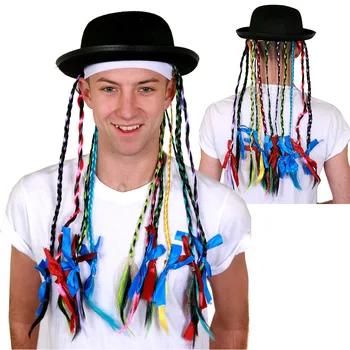 

1980'S POP STAR HAT CHAMELEON PLAITS AND WHITE HEADBAND CELEBRITY FANCY DRESS